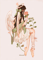 Rule 34 | 1girl, angel wings, ankle cuffs, artist name, barefoot, black hair, bow, commentary, crescent, dress, english commentary, flower, full body, green bow, green scarf, hair bow, halo, holding, holding flower, leg ribbon, long hair, original, pink flower, pink rose, ribbon, rose, scarf, short dress, solo, vicki tsai, white dress, wings, wrist cuffs