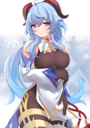 Rule 34 | 1girl, ahoge, bare shoulders, bell, black pantyhose, blue hair, blush, bow, breasts, cowbell, cowboy shot, detached sleeves, ganyu (genshin impact), genshin impact, gloves, goat horns, half-closed eyes, highres, horns, long hair, long sleeves, looking at viewer, low ponytail, medium breasts, open mouth, pantyhose, ryoutsu, solo