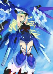 Rule 34 | 10s, 1girl, armor, armpits, arms up, bare shoulders, blonde hair, blue eyes, blue tears, bodysuit, breasts, cecilia alcott, cloud, covered navel, day, detached wings, drill hair, faulds, flying, from below, gauntlets, greaves, gun, hairband, halterneck, hexagon, holding, holding weapon, huge weapon, infinite stratos, large breasts, leotard, light smile, long hair, looking at viewer, mecha musume, outdoors, pelvic curtain, pilot suit, puuakachan, rifle, scope, sidelocks, sky, smile, solo, turtleneck, very long hair, weapon, wings