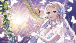 Rule 34 | 1girl, blonde hair, blue flower, blue gemstone, braid, breasts, brooch, bug, butterfly, capelet, cleavage, dress, flower, gem, gonzalez (machita chima), hair flower, hair ornament, hamster, harp, insect, instrument, ivy, jewelry, kurihara sakura, lace, lace capelet, long hair, machita chima, medium breasts, nijisanji, official art, open mouth, plant, see-through, see-through capelet, short bangs, short eyebrows, smile, solo, thick eyebrows, upper body, vines, virtual youtuber, white capelet, white dress, yellow eyes