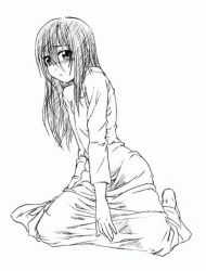 Rule 34 | 1girl, barefoot, blush, kneeling, long hair, monochrome, solo, spread legs, the ring, yamamura sadako