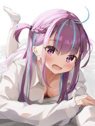 Rule 34 | :o, ahoge, blue hair, blue nails, blush, braid, breasts, cleavage, downblouse, feet up, french braid, hair between eyes, highres, hololive, long hair, long sleeves, lying, matcha (user yyss8744), minato aqua, multicolored hair, nail polish, no bra, on stomach, open clothes, open mouth, open shirt, partially unbuttoned, pink eyes, pink hair, shirt, sidelocks, simple background, sleeves past wrists, thighhighs, two side up, virtual youtuber, white background, white legwear, white shirt
