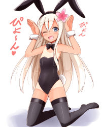 Rule 34 | 10s, 1girl, :d, aikawa ryou, alternate costume, animal ears, black thighhighs, blonde hair, blue eyes, blush, bow, bowtie, commentary request, detached collar, fake animal ears, fake tail, flat chest, flower, full body, hair flower, hair ornament, highres, kantai collection, kneeling, leotard, long hair, one-piece tan, one eye closed, open mouth, playboy bunny, rabbit ears, rabbit pose, rabbit tail, ro-500 (kancolle), simple background, smile, solo, tail, tan, tanline, thighhighs, white background, wrist cuffs