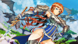 Rule 34 | 1girl, aqua eyes, armor, armored boots, armored dress, armpits, blue eyes, blue theme, boots, breastplate, cloud, cloudy sky, corset, day, dragon, dress, dutch angle, flying, frilled dress, frills, garter straps, gauntlets, grass, greaves, highres, holding, holding sword, holding weapon, jean popo, loincloth, long hair, looking at viewer, metal gloves, pauldrons, red hair, shoulder armor, sky, solo, sword, thighhighs, tree, weapon, white thighhighs, wings, yellow theme, zettai ryouiki