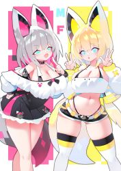 Rule 34 | 2girls, animal ears, aqua eyes, black bra, blonde hair, bra, breasts, collar, colored inner hair, double w, dress, fang, fox ears, fox girl, fox tail, g-string, grey hair, hair between eyes, hand on own hip, hand up, highres, large breasts, looking at viewer, mamuru, micro shorts, microdress, multicolored hair, multiple girls, navel, off-shoulder dress, off-shoulder jacket, off shoulder, open mouth, original, pink hair, pointing, pointing at self, shorts, skin fang, smile, tail, thighhighs, thighs, thong, underwear, w