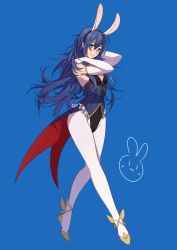 Rule 34 | 1girl, absurdres, animal ears, ankle wings, blue background, blue eyes, blue hair, blue leotard, blush, breasts, cleavage, coattails, elbow gloves, fake animal ears, fire emblem, fire emblem awakening, fire emblem heroes, full body, gloves, gold footwear, highres, leotard, long hair, long legs, lucina (fire emblem), lucina (spring) (fire emblem), messy hair, nintendo, official alternate costume, pantyhose, rabbit ears, small breasts, solo, tusia, very long hair, white gloves, white pantyhose, wings