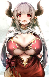 Rule 34 | 10s, 1girl, alicia (granblue fantasy), blush, breast suppress, breasts, center opening, cleavage, cleavage cutout, clothing cutout, curvy, dated, draph, dress, earrings, gloves, granblue fantasy, hands on own chest, highres, horns, huge breasts, jewelry, long hair, looking at viewer, open mouth, pointy ears, red eyes, silver hair, simple background, solo, souryu, standing, very long hair, white background, white gloves, wide hips