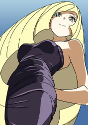 1girl bakenokawa bare_arms bare_shoulders black_dress blonde_hair blue_background breasts cowboy_shot creatures_(company) dot_nose dress from_below game_freak gradient_background highres light_smile long_hair looking_at_viewer lusamine_(pokemon) medium_breasts nintendo pokemon pokemon_(creature) pokemon_sm sleeveless sleeveless_dress solo strapless strapless_dress very_long_hair yellow_eyes