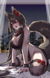 Rule 34 | 1girl, absurdres, animal ear fluff, animal ears, arm support, bed sheet, black hair, black nails, black thighhighs, blunt bangs, blush, bound, bound wrists, breasts, chain, chain leash, cityscape, cleavage cutout, clothing cutout, collar, curtains, dated, dress, fingernails, flower, fox ears, fox girl, fox tail, from below, groin, hair between eyes, hair flower, hair ornament, heterochromia, highres, indoors, lace, lace-trimmed thighhighs, large breasts, leash, long fingernails, long hair, no panties, on bed, open mouth, orange eyes, original, rain, red eyes, red flower, red rose, rose, saliva, saliva trail, see-through, short dress, side slit, sidelocks, signature, sitting, sleeveless, sleeveless dress, slit pupils, sweat, tacco (tikeworld), tail, thighhighs, tongue, tongue out, very long hair, window