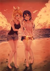 Rule 34 | 10s, 2girls, :d, arm at side, ayase eli, bare legs, bare shoulders, barefoot, beach, black hair, blonde hair, blush, bra strap, camisole, cloud, denim, denim shorts, fireworks, hair ribbon, hand on another&#039;s shoulder, highres, horizon, lilylion26, long hair, love live!, love live! school idol project, multiple girls, ocean, open mouth, outdoors, ponytail, red sky, ribbon, sand, shadow, short sleeves, shorts, side-by-side, sky, smile, sonoda umi, sparkler, standing, sunset, swept bangs, tank top, twilight