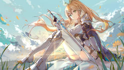 Rule 34 | 1girl, armor, armored boots, black gloves, blonde hair, boots, breastplate, breasts, commentary request, full body, gloves, green eyes, hair between eyes, highres, holding, holding sword, holding weapon, juliet sleeves, kita (kitairoha), leafa, long hair, long sleeves, looking at viewer, medium breasts, outdoors, petals, ponytail, puffy sleeves, shoulder armor, sitting, sky, smile, solo, sword, sword art online, thighhighs, weapon, white thighhighs