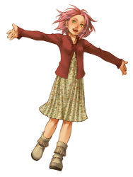 Rule 34 | 1girl, alternate costume, avoid, blush, boots, breasts, cardigan, dress, dutch angle, fringe trim, green eyes, haruno sakura, kobashi, long sleeves, lowres, naruto, naruto (series), open mouth, outstretched arms, pink hair, print dress, shoes, short hair, simple background, smile, solo, standing, walking, white background, white footwear