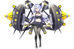 Rule 34 | 1girl, absurdres, alternate costume, alternate eye color, alternate hair color, azur lane, black gloves, black pantyhose, black skirt, blue fire, blue hair, breasts, bustier, cape, cleavage, collar, crop top, dark persona, duke of york (azur lane), dutch angle, earrings, elbow gloves, fengyue jiang, fire, full body, gloves, glowing, glowing eye, halterneck, highres, holding, holding sword, holding weapon, jewelry, large breasts, light blue hair, long hair, looking at viewer, machinery, midriff, miniskirt, navel, pale skin, pantyhose, parted bangs, pleated skirt, pointy ears, shoes, simple background, skirt, smile, solo, spiked collar, spikes, standing, sword, thighband pantyhose, weapon, white background, white footwear, yellow eyes
