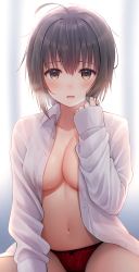 Rule 34 | 1girl, ahoge, blush, breasts, brown eyes, brown hair, cleavage, collarbone, dress shirt, hand up, highres, idolmaster, idolmaster cinderella girls, kohinata miho, long sleeves, looking at viewer, medium breasts, navel, no bra, open clothes, open mouth, open shirt, panties, playing with own hair, red panties, shirt, short hair, sitting, sleeves past wrists, solo, stomach, sweat, u rin, unbuttoned, unbuttoned shirt, underwear