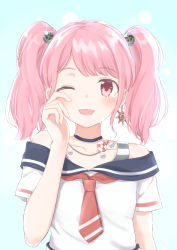 Rule 34 | 1girl, ;d, anchor hair ornament, anchor print, bad id, bad pixiv id, bang dream!, blush, bra strap, choker, commentary request, earrings, hair ornament, hand on own face, highres, jewelry, lifebuoy, looking at viewer, maruyama aya, neckerchief, off-shoulder shirt, off shoulder, one eye closed, open mouth, pendant, pink eyes, pink hair, red neckerchief, school uniform, serafuku, ship&#039;s wheel, shirt, short sleeves, smile, solo, swim ring, tears, twintails, upper body, wiping tears, yazi114