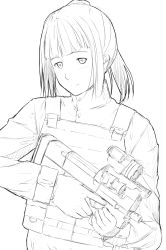 Rule 34 | 1girl, aimpoint, blunt bangs, bulletproof vest, bullpup, commentary request, female focus, greyscale, gun, highres, holding, holding gun, holding weapon, load bearing vest, looking at viewer, monochrome, niwatazumi, original, p90, personal defense weapon, bulletproof vest, ponytail, scope, simple background, sketch, smile, solo, submachine gun, trigger discipline, weapon, white background