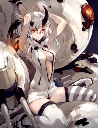 Rule 34 | 10s, 1girl, abyssal ship, armpits, arms up, breasts, cleavage, da-kuro, dakuro, dress, gloves, glowing, glowing eyes, hair between eyes, heavy cruiser princess, highres, horns, kantai collection, large breasts, long hair, open mouth, orange eyes, pale skin, shoes, sneakers, solo, striped clothes, striped thighhighs, thighhighs, turret, white hair