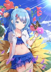 Rule 34 | 1girl, alternate costume, blue bow, blue eyes, blue hair, blue skirt, blue sky, blush, bow, bug, butterfly, circled 9, cirno, clematis (flower), closed mouth, cloud, collarbone, commentary request, day, expressionless, flower, frilled skirt, frills, hair bow, hair ornament, hairclip, highres, ice, ice wings, imoutochiru, insect, light rays, looking at viewer, lotus, midriff, navel, ocean, open clothes, open shirt, outdoors, oversized flower, red bow, shirt, short hair, skirt, sky, solo, sunbeam, sunflower, sunlight, touhou, white shirt, wings
