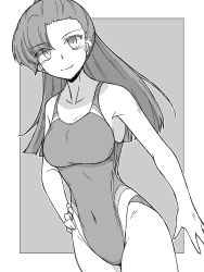 Rule 34 | 1girl, absurdres, asymmetrical bangs, border, breasts, closed mouth, commentary, competition swimsuit, dutch angle, girls und panzer, girls und panzer senshadou daisakusen!, greyscale, hand on own hip, highres, long hair, looking at viewer, medium breasts, monochrome, navel, nishi kinuyo, one-piece swimsuit, outside border, renshiu, smile, solo, standing, straight hair, swimsuit, upper body