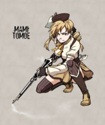 Rule 34 | 10s, 1girl, beret, blonde hair, boots, breasts, brown thighhighs, character name, corset, detached sleeves, drill hair, fingerless gloves, full body, gloves, gun, hair ornament, hairpin, hat, knee boots, magical girl, magical musket, mahou shoujo madoka magica, mahou shoujo madoka magica (anime), md5 mismatch, musket, on one knee, panties, pantyshot, pleated skirt, puffy sleeves, ribbon, rifle, serious, shirt, simple background, skirt, smoke, smoking gun, solo, striped clothes, striped thighhighs, taut clothes, taut shirt, thighhighs, tomoe mami, torinone, twin drills, twintails, underwear, upskirt, vertical-striped clothes, vertical-striped thighhighs, weapon, yellow eyes, zettai ryouiki