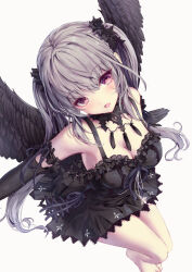 Rule 34 | 1girl, bare shoulders, black dress, black gloves, black scrunchie, black wings, blush, breasts, cleavage, collarbone, commentary, dress, elbow gloves, feathered wings, from above, gloves, grey hair, highres, long hair, looking at viewer, looking up, medium breasts, missile228, open mouth, original, purple eyes, scrunchie, simple background, sleeveless, sleeveless dress, solo, twintails, white background, wings