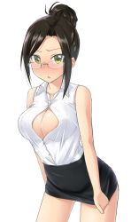 Rule 34 | 1girl, aimobake, bare arms, bare shoulders, black hair, black skirt, blush, breasts, button gap, cleavage, clothes pull, collared shirt, commentary request, cowboy shot, frown, furrowed brow, glasses, green eyes, hair bun, highres, idolmaster, idolmaster cinderella girls, large breasts, long hair, looking at viewer, looking over eyewear, miniskirt, mukai takumi, parted lips, pencil skirt, rimless eyewear, shirt, shirt tucked in, sidelocks, simple background, single hair bun, skirt, skirt pull, sleeveless, sleeveless shirt, solo, standing, thighs, white background, white shirt