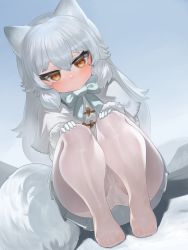 Rule 34 | 1girl, animal ears, arctic fox (kemono friends), blue bow, blue sky, bow, brown eyes, capelet, closed mouth, day, dokomon, dutch angle, fox ears, fox girl, fox tail, fur-trimmed sleeves, fur trim, gloves, grey hair, grey skirt, hair between eyes, highres, jacket, kemono friends, long sleeves, looking at viewer, no shoes, outdoors, panties, panties under pantyhose, pantyhose, pleated skirt, skirt, sky, smile, solo, squatting, tail, underwear, white capelet, white gloves, white jacket, white panties, white pantyhose