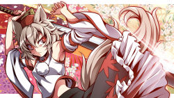 Rule 34 | 1girl, animal ears, armpits, bare shoulders, detached sleeves, grey hair, hands up, hat, inubashiri momiji, midriff, red eyes, short hair, skirt, solo, squinting, sword, tail, tokin hat, touhou, uousa-ou, weapon, wolf ears, wolf tail
