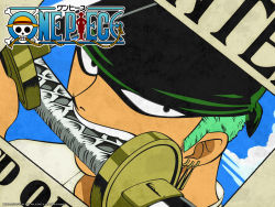 Rule 34 | green hair, highres, male focus, one piece, poster, roronoa zoro, sword, teeth, wanted, weapon