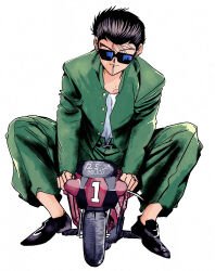 1boy absurdres belt black_hair buttons commentary_request dated gakuran green_jacket green_pants hiei4455 highres jacket loafers male_focus motor_vehicle motorcycle mouth_hold pants riding school_uniform shirt shoes short_hair simple_background solo sunglasses toothpick urameshi_yusuke white_background yuu_yuu_hakusho