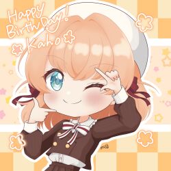 Rule 34 | 1girl, ;), aqua eyes, beret, blush, brown jacket, brown skirt, character name, chibi, chibi only, closed mouth, collared shirt, commentary, crossed bangs, finger frame, flower (symbol), fortune movie (love live!), frilled shirt collar, frills, hair ribbon, happy birthday, hat, highres, hinoshita kaho, jacket, link! like! love live!, long sleeves, looking at viewer, love live!, medium hair, misappi, neck ribbon, one eye closed, orange background, orange hair, outline, pleated skirt, red ribbon, ribbon, shirt, signature, skirt, smile, solo, split mouth, striped clothes, striped jacket, striped ribbon, striped skirt, two side up, upper body, vertical-striped clothes, vertical-striped jacket, vertical-striped skirt, virtual youtuber, white hat, white outline, white ribbon, white shirt