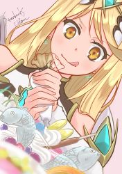Rule 34 | 1girl, absurdres, blonde hair, cake, closed mouth, earrings, food, hair between eyes, hair ornament, highres, holding, jewelry, long hair, mythra (xenoblade), pastry bag, pink background, smile, solo, starbacks udon, tiara, tongue, tongue out, xenoblade chronicles (series), xenoblade chronicles 2, yellow eyes