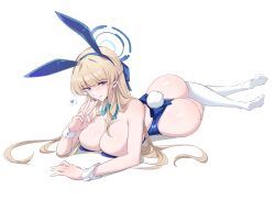 Rule 34 | 1girl, animal ears, ass, bare shoulders, blonde hair, blue archive, blue eyes, blue leotard, blush, bow, bowtie, breasts, cleavage, detached collar, fake animal ears, halo, highleg, highleg leotard, highres, large breasts, leotard, long hair, looking at viewer, lying, official alternate costume, on stomach, playboy bunny, rabbit ears, rabbit tail, solo, tail, thighhighs, toki (blue archive), toki (bunny) (blue archive), vanko (vank0a), wrist cuffs