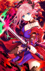 Rule 34 | 1girl, absurdres, asymmetrical hair, autumn leaves, bad id, bad pixiv id, black thighhighs, blue eyes, blue kimono, breasts, cleavage, clothing cutout, detached sleeves, dual wielding, earrings, fate/grand order, fate (series), hair ornament, highres, holding, holding sword, holding weapon, japanese clothes, jewelry, katana, kimono, large breasts, leaf, leaf print, magatama, maple leaf, maple leaf print, miyamoto musashi (fate), miyamoto musashi (second ascension) (fate), morizono shiki, navel cutout, obi, pink hair, ponytail, sash, sheath, short kimono, sleeveless, sleeveless kimono, solo, sword, thighhighs, unsheathed, weapon, wide sleeves