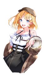 Rule 34 | bare shoulders, black skirt, blonde hair, blouse, blue eyes, breasts, brown coat, brown hat, cabbie hat, coat, earrings, frilled shirt, frills, hair ornament, hat, heart, heart earrings, high-waist skirt, highres, holding, holding magnifying glass, hololive, hololive english, jewelry, large breasts, magnifying glass, off-shoulder shirt, off shoulder, okita souji (ishin), one side up, plaid, plaid coat, shirt, short hair, simple background, skirt, solo, suspender skirt, suspenders, underbust, virtual youtuber, watson amelia, watson amelia (street casual), white background, white shirt, yuyaiyaui, zipper skirt