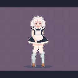 Rule 34 | 1girl, animated, apron, bad id, bad twitter id, brown eyes, clothes lift, dress, dress lift, female focus, flashing, full body, heart, highres, jitome, kneehighs, knees together feet apart, letterboxed, lifting own clothes, looking at viewer, looping animation, maid, maid apron, maid headdress, naughty face, open mouth, original, outline, panties, unworn panties, panty pull, pixel art, purple background, pussy, smile, socks, solo, sotie, standing, thigh gap, twintails, uncensored, underwear, video, white hair, white outline, white panties