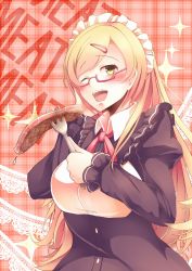 Rule 34 | 1girl, apron, blonde hair, blush, eating, english text, food, fork, frills, glasses, hair ornament, hairclip, highres, kanzakietc, long hair, long sleeves, lumiere (overlord), maid, maid apron, maid headdress, meat, one eye closed, overlord (maruyama), puffy sleeves, ribbon, solo, sparkle, yellow eyes