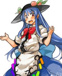 Rule 34 | 1girl, :d, blue hair, blush, bow, dress, food, frills, fruit, hat, hinanawi tenshi, leaf, long hair, open mouth, peach, puffy short sleeves, puffy sleeves, red bow, red eyes, sachito, short sleeves, simple background, smile, solo, touhou, white background