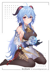 Rule 34 | 1girl, ahoge, arczumi, artist name, bare shoulders, bell, black legwear, blue gloves, blue hair, blush, breasts, chinese knot, detached sleeves, flower knot, ganyu (genshin impact), genshin impact, gloves, gold trim, horns, legs, light smile, long hair, looking at viewer, low ponytail, medium breasts, neck bell, no shoes, orb, purple eyes, sideboob, sidelocks, sitting, solo, tassel, thighlet, thighs, vision (genshin impact), wariza, white sleeves