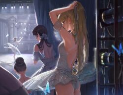 Rule 34 | 4girls, absurdres, arm garter, arms up, back, ballerina, ballet, bangsom, bare back, black hair, blonde hair, blue butterfly, blue eyes, breasts, bug, butterfly, closed mouth, dancing, dress, en pointe, hair bun, hair ornament, hair ribbon, hair scrunchie, highres, indoors, insect, long hair, looking at another, multiple girls, original, profile, ribbon, scrunchie, shadow, sidelocks, small breasts, solo focus, stage lights, standing, standing on one leg, tutu, tying hair, white dress