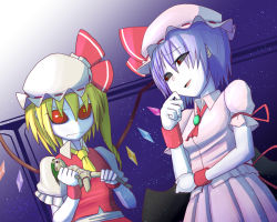 Rule 34 | 2girls, angry, ascot, bad id, bad pixiv id, bat wings, black sclera, blonde hair, broken, colored sclera, crystal, doll, flandre scarlet, gradient background, hat, hat ribbon, light particles, light purple hair, looking at another, mob cap, multiple girls, okahi, puffy sleeves, red eyes, red sclera, remilia scarlet, ribbon, shirt, short hair, short sleeves, siblings, side ponytail, sisters, skirt, skirt set, smile, touhou, vest, wings, wrist cuffs, yellow eyes