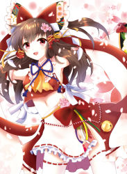 Rule 34 | 1girl, :d, armpits, arms behind head, bell, blush, bow, brown hair, crop top, embellished costume, flower, hair bow, hair flower, hair ornament, hair ribbon, hair tubes, hakurei reimu, highres, jingle bell, large bow, long hair, looking at viewer, midriff, nonoko (capsule-nnk), open mouth, petals, red eyes, ribbon, ribbon-trimmed legwear, ribbon trim, side slit, skirt, smile, solo, stomach, thighhighs, touhou, white thighhighs