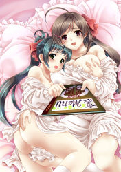 Rule 34 | 10s, 2girls, :d, ass, bed, blush, book, grabbing another&#039;s breast, breasts, brown hair, chi gura-ya, covered erect nipples, frilled pillow, frills, from above, grabbing, green eyes, green hair, highres, holding, holding book, irako (kancolle), kantai collection, large breasts, lying, mamiya (kancolle), multiple girls, no panties, on back, on side, open mouth, pillow, ponytail, purple eyes, smile