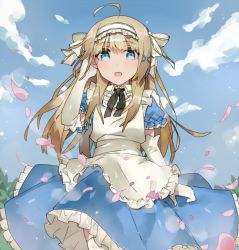 Rule 34 | 1girl, ahoge, apron, arm at side, black ribbon, blonde hair, blue dress, blue eyes, blue sky, cherry blossoms, cloud, day, dress, eyebrows, frilled apron, frilled dress, frills, gloves, hair ornament, hair ribbon, hairband, hand up, long hair, looking at viewer, open mouth, original, outdoors, petals, puffy short sleeves, puffy sleeves, ribbon, shirotae moyashi, short sleeves, sidelocks, sky, solo, thighhighs, white apron, white gloves, white hairband, white ribbon, white thighhighs, x hair ornament, zettai ryouiki