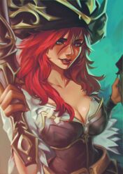 Rule 34 | 1girl, absurdres, dual wielding, green background, grey eyes, gun, hair between eyes, hands up, hat, highres, holding, holding gun, holding weapon, league of legends, long hair, miss fortune (league of legends), pirate hat, red hair, red lips, smile, solo, stnpnk, teeth, upper body, weapon