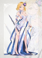 Rule 34 | 1girl, armband, blonde hair, blue flower, blue footwear, blue ribbon, blush, breasts, cleavage, detached collar, dress, earrings, flower, gloves, hair ribbon, hair rings, half gloves, heart, heart necklace, high heels, highres, holding, holding instrument, instrument, instrument case, jewelry, large breasts, looking at viewer, love live!, love live! sunshine!!, medium hair, necklace, oboe, ohara mari, one eye closed, pink flower, qianqian, ribbon, side slit, sleeveless, sleeveless dress, strapless, strapless dress, white gloves, yellow eyes