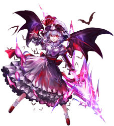 Rule 34 | 1girl, arm up, back bow, banned artist, bat (animal), bat wings, bow, breasts, brooch, commentary request, dress, dress bow, eyelashes, fangs, frilled dress, frilled shirt collar, frilled sleeves, frills, hat, hat bow, jewelry, juliet sleeves, kozou (soumuden), light purple hair, long sleeves, looking at viewer, mob cap, open mouth, puffy sleeves, red bow, red eyes, red ribbon, remilia scarlet, ribbon, short hair, simple background, small breasts, solo, spear the gungnir, touhou, white background, white legwear, wing collar, wings