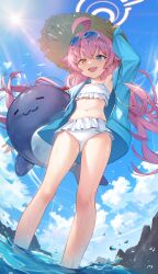 Rule 34 | 1girl, absurdres, ahoge, bikini, blue archive, blue eyes, blue jacket, blush, day, feet out of frame, frilled bikini, frills, hair between eyes, hair bobbles, hair ornament, halo, hat, highres, hoshino (blue archive), hoshino (swimsuit) (blue archive), inflatable toy, inflatable whale, jacket, long hair, long sleeves, low twintails, navel, ocean, official alternate costume, official alternate hairstyle, okkimon, open clothes, open jacket, open mouth, outdoors, pink hair, pink halo, smile, solo, straw hat, swimsuit, twintails, water, white bikini, yellow eyes