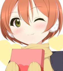 Rule 34 | 10s, 1girl, :3, chimunge, gloves, green eyes, heart, hoshizora rin, looking at viewer, love live!, love live! school idol project, one eye closed, orange hair, scarf, smile, solo, wink