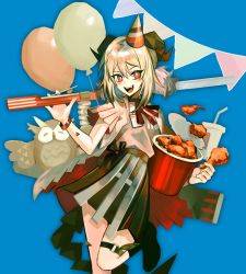 Rule 34 | 1girl, :d, absurdres, arknights, balloon, bead bracelet, beads, bird, black skirt, blonde hair, blue background, bracelet, bucket of chicken, chicken (food), chicken leg, commentary, english commentary, food, hat, highres, holding, holding food, horns, id card, ifrit (arknights), jewelry, material growth, o-ring, o-ring strap, o-ring thigh strap, open mouth, oripathy lesion (arknights), owl, party hat, populamalus, red eyes, sharp teeth, shirt, short sleeves, short twintails, simple background, skirt, smile, solo, string of flags, teeth, thigh strap, twintails, white shirt
